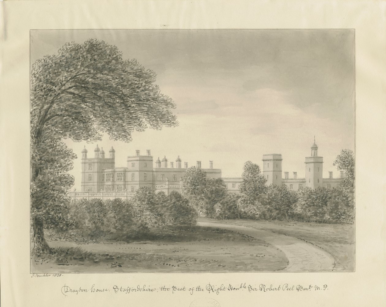 Drayton Bassett - "Drayton Manor": rysunek w sepii, 1838 autorstwa John Buckler