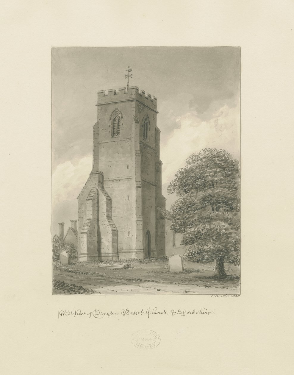 Drayton Bassett Church: rysunek w sepii, 1838 autorstwa John Buckler
