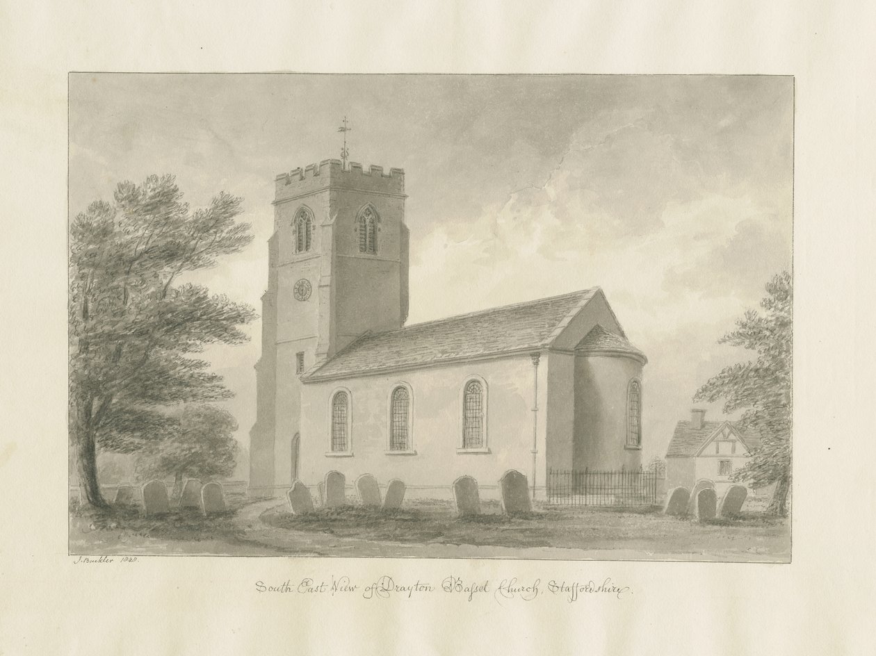 Drayton Bassett Church: rysunek w sepii, 1848 autorstwa John Buckler