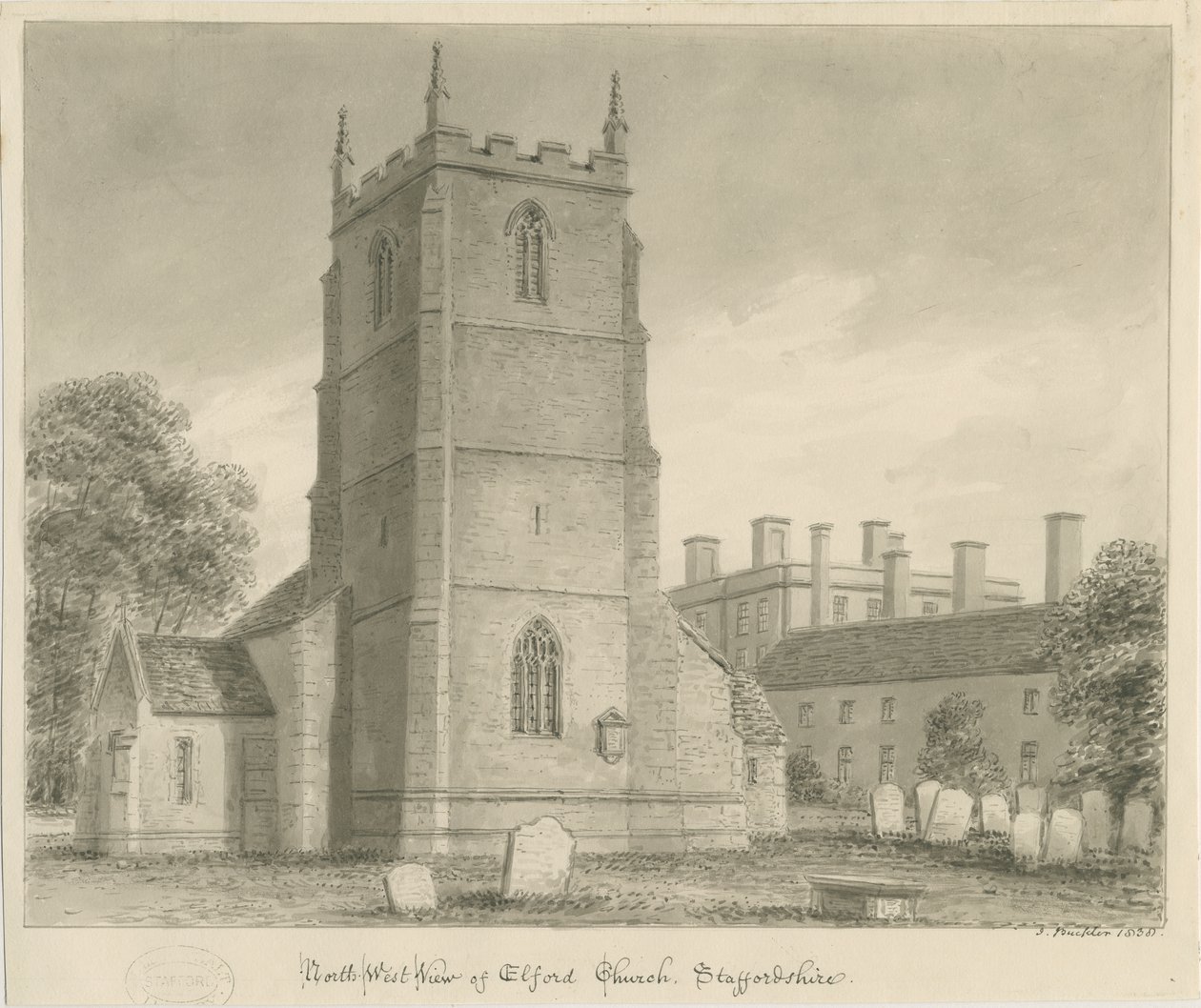 Kościół Elford: rysunek w sepii, 1838 autorstwa John Buckler