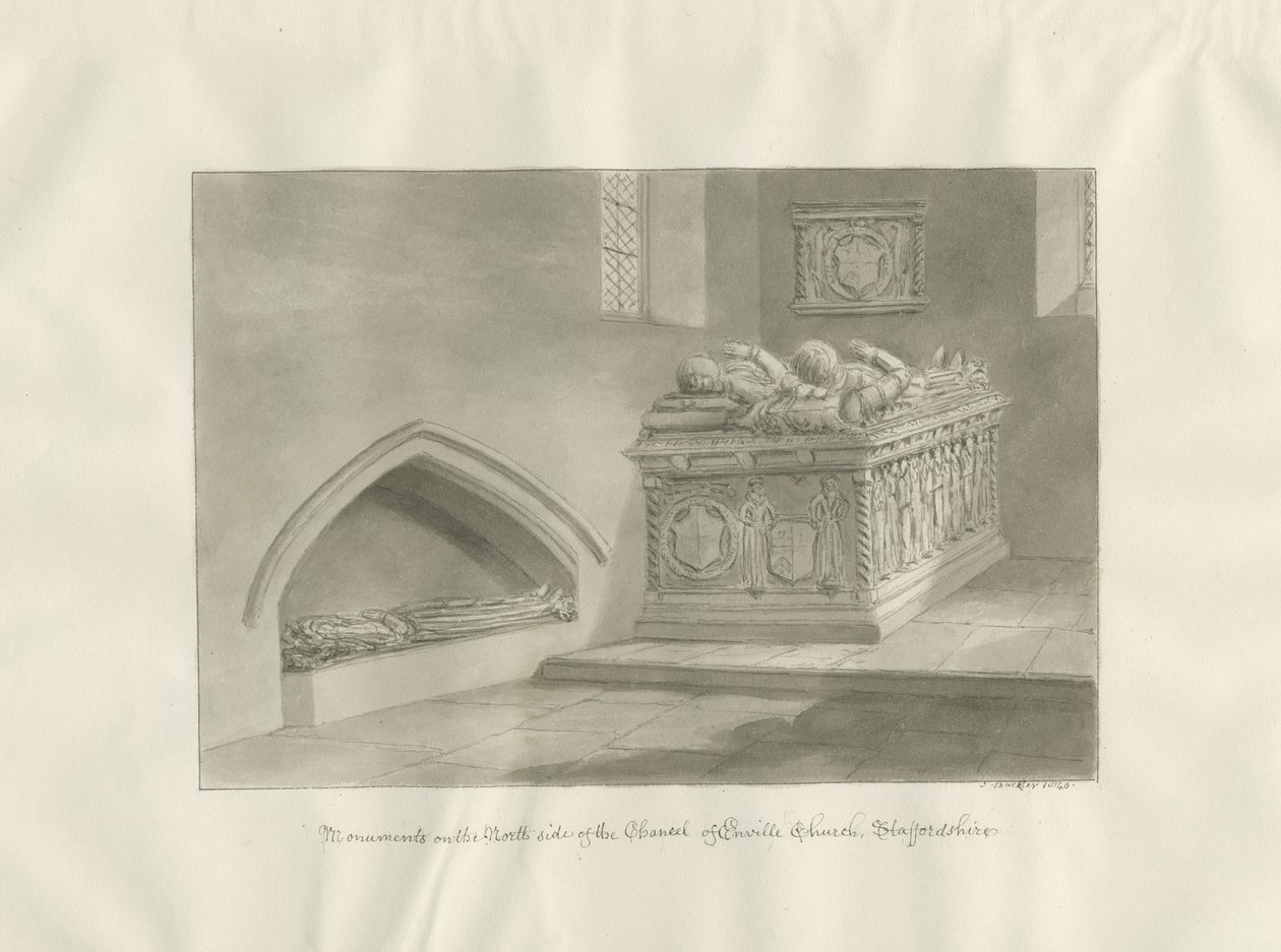 Enville Church - Pomnik: rysunek w sepii autorstwa John Buckler