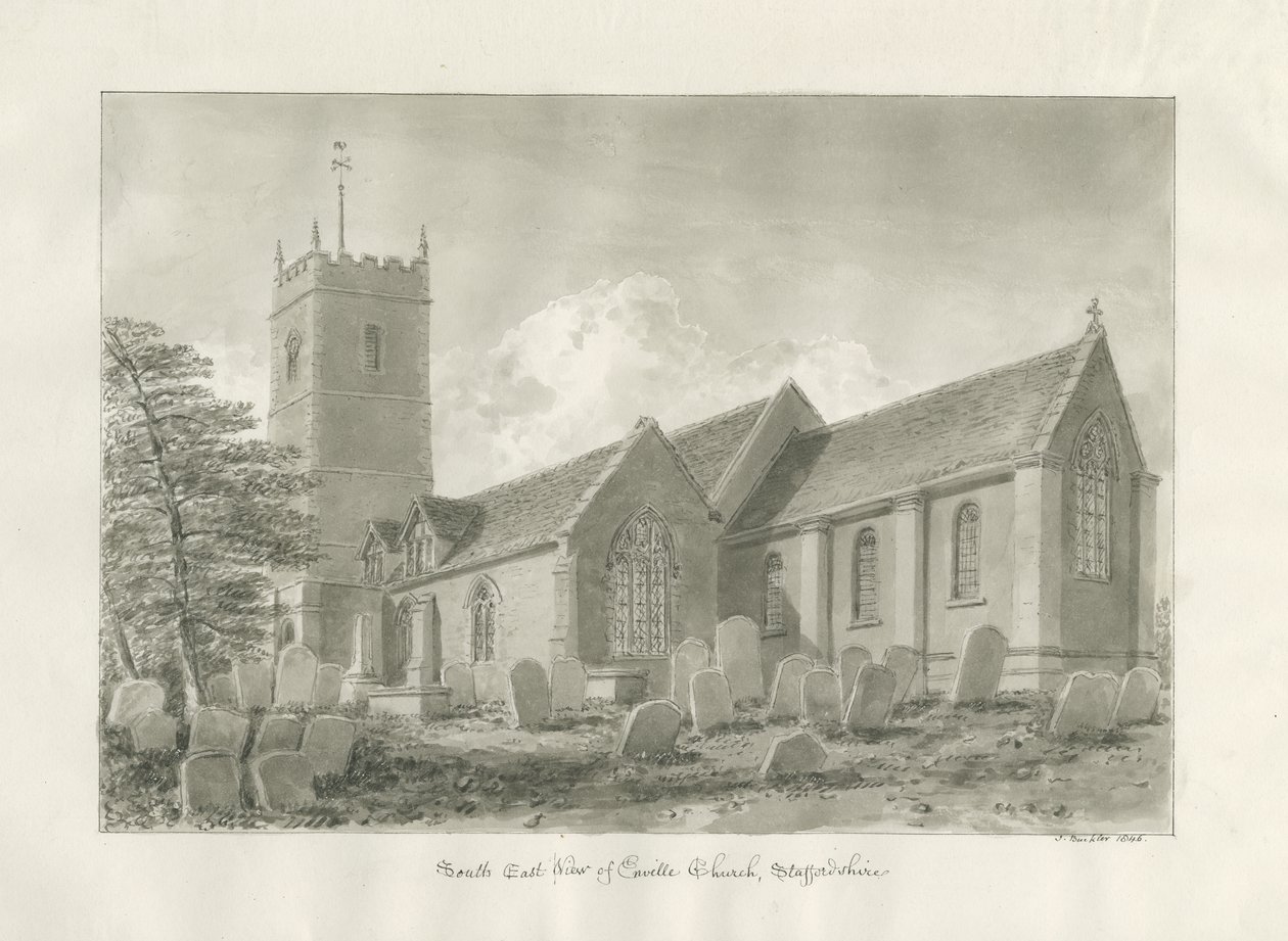 Kościół Enville: rysunek w sepii, 1846 autorstwa John Buckler