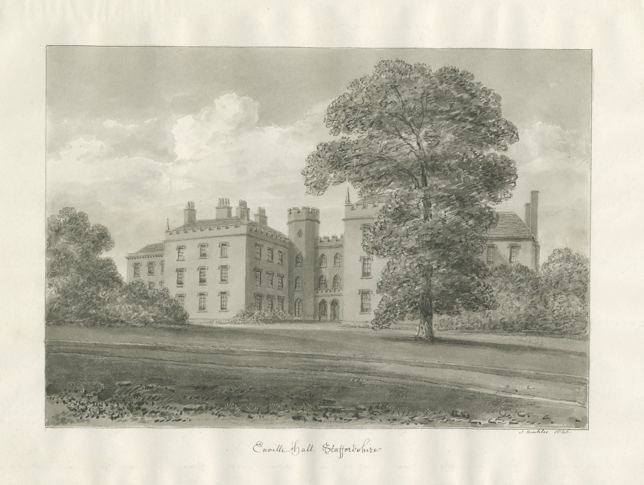 Enville Hall: rysunek w sepii autorstwa John Buckler