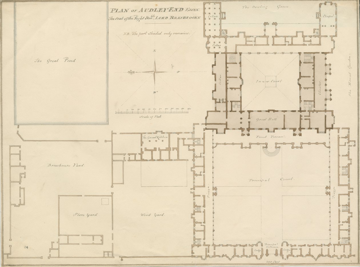 Essex - Audley End - Plan: rysunek w sepii, 1815 autorstwa John Buckler