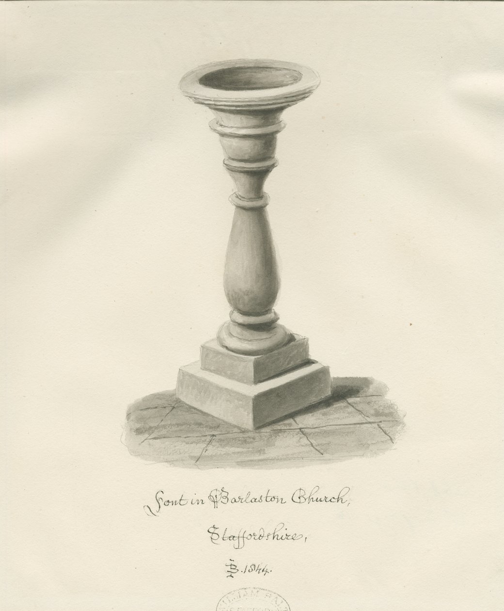 Czcionka w kościele Barlaston: rysunek w odcieniu sepii, 1844 autorstwa John Buckler