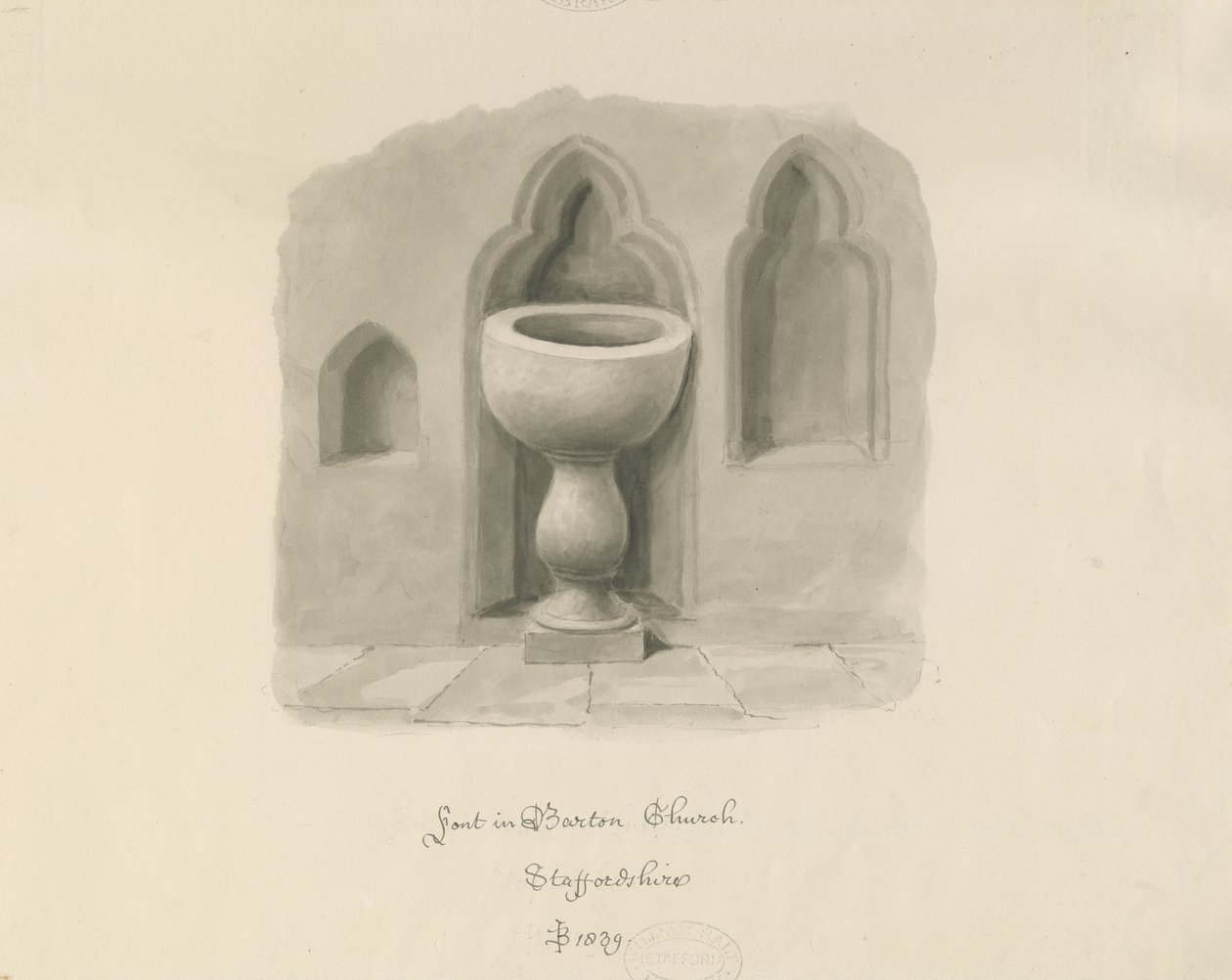 Czcionka w Barton pod Needwood Church: rysunek w sepii autorstwa John Buckler