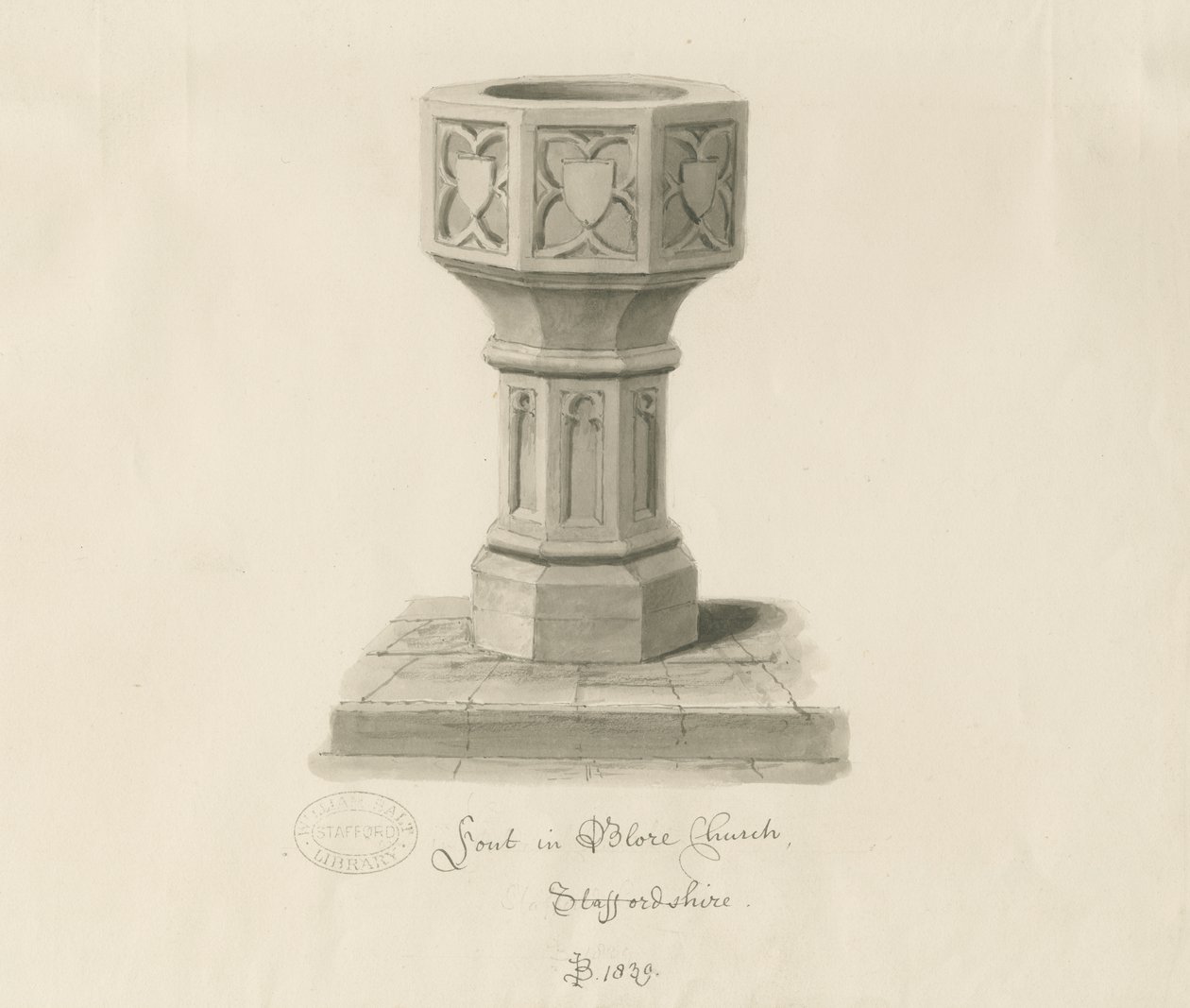 Czcionka w Blore Church: rysunek w sepii, 1839 autorstwa John Buckler