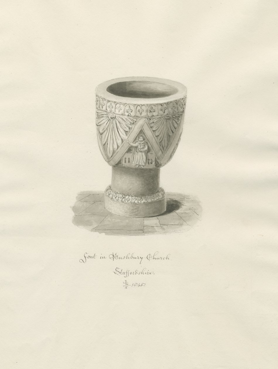 Czcionka w Bushbury Church: rysunek w sepii autorstwa John Buckler