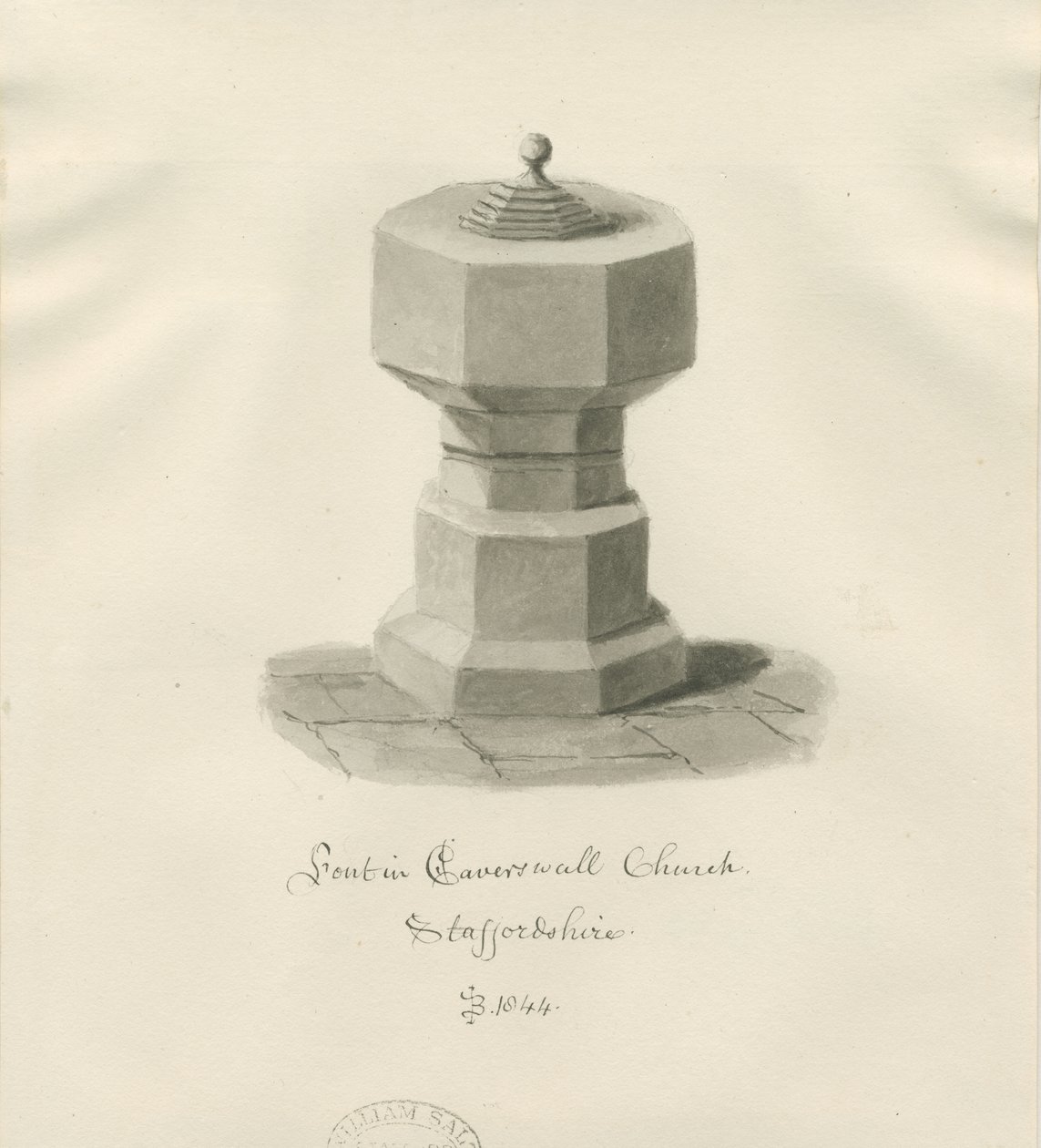 Czcionka w Caverswall Church: rysunek w sepii autorstwa John Buckler