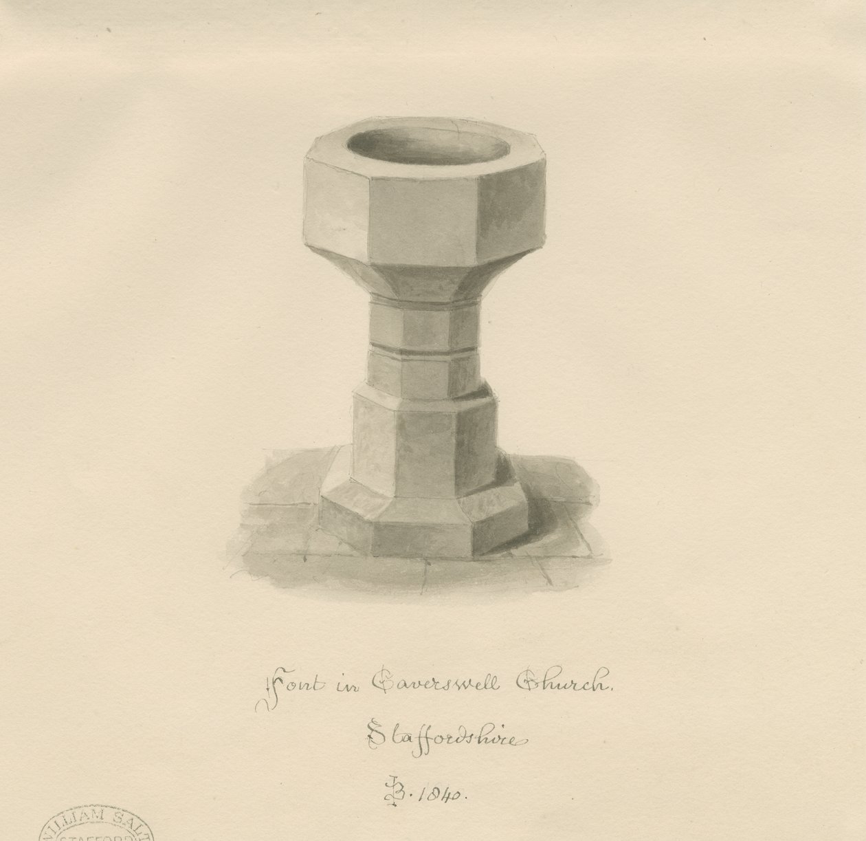 Czcionka w Caverswall Church: rysunek w sepii, 1840 autorstwa John Buckler