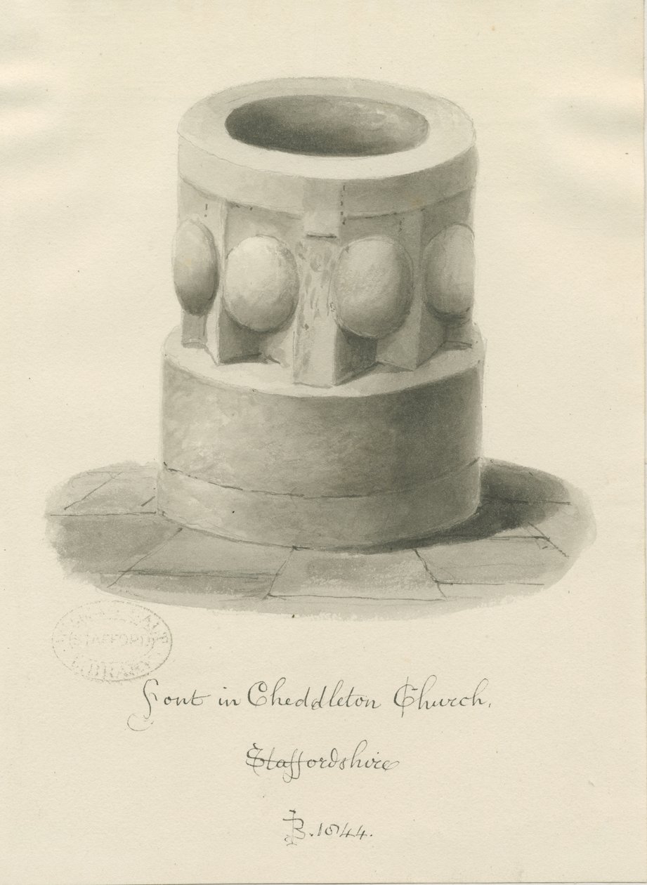 Czcionka w Cheddleton Church: rysunek w sepii, 1844 autorstwa John Buckler