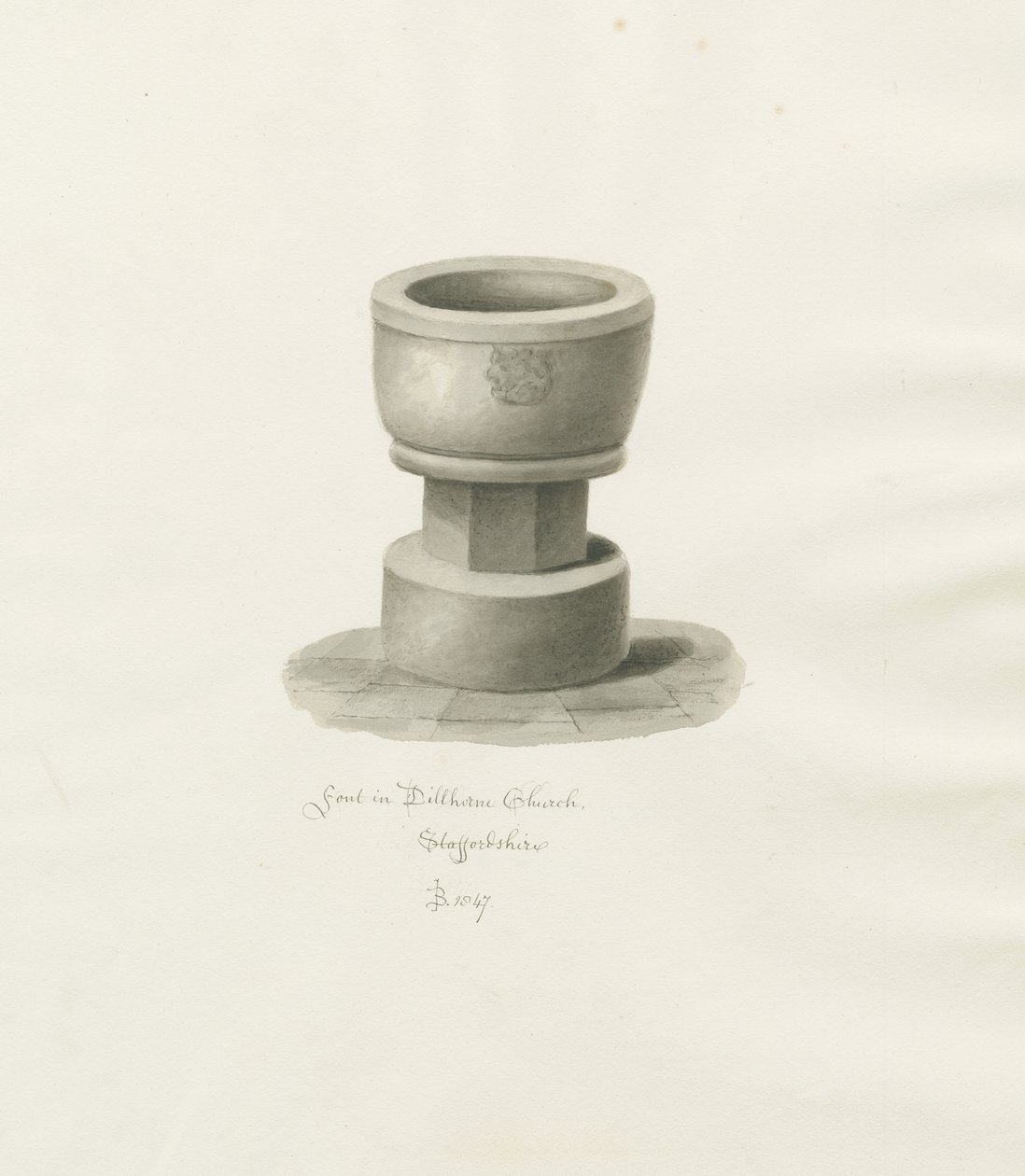 Czcionka w kościele Dilhorne: rysunek w sepii, 1847 autorstwa John Buckler
