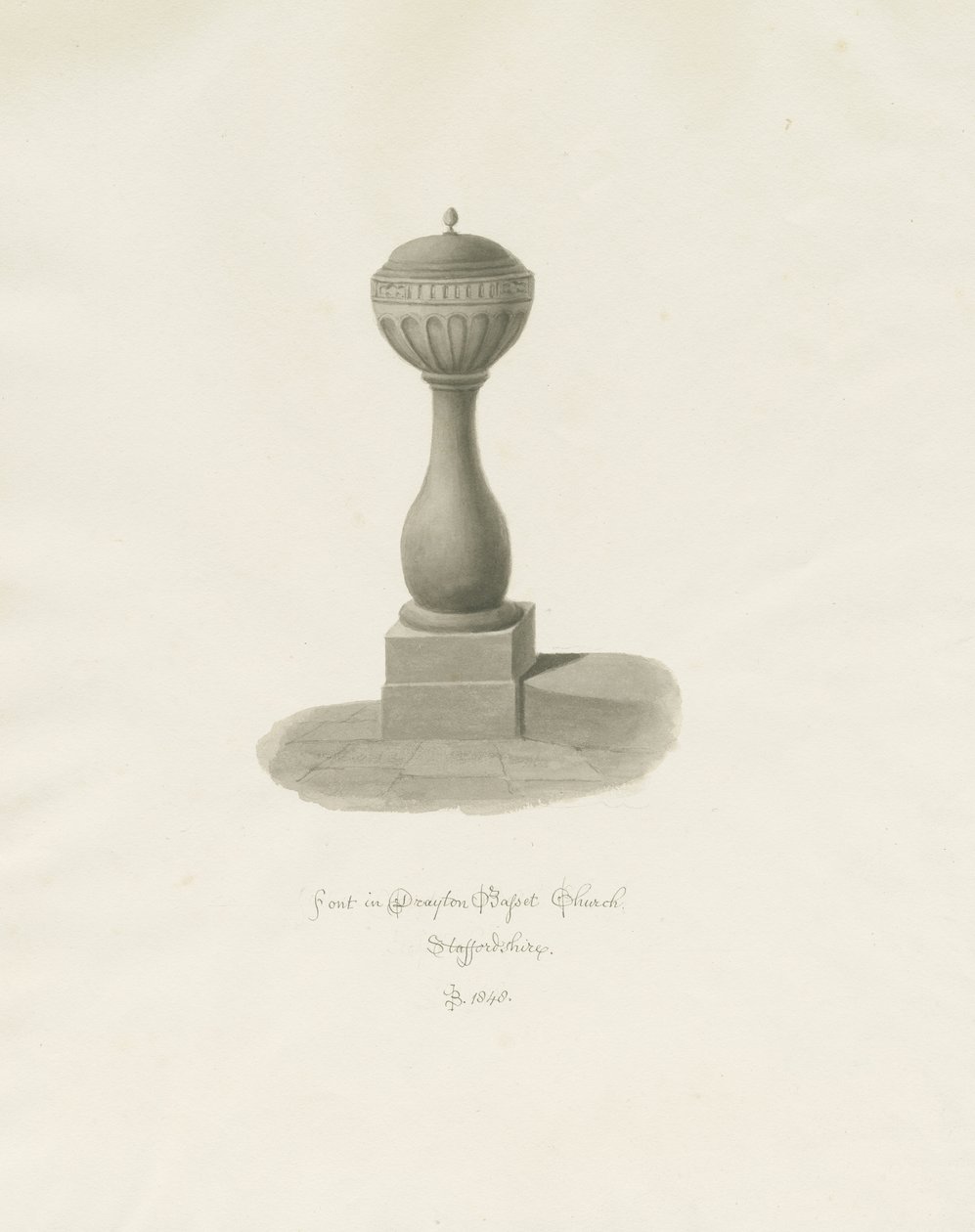 Czcionka w Drayton Bassett Church: rysunek w sepii, 1848 autorstwa John Buckler