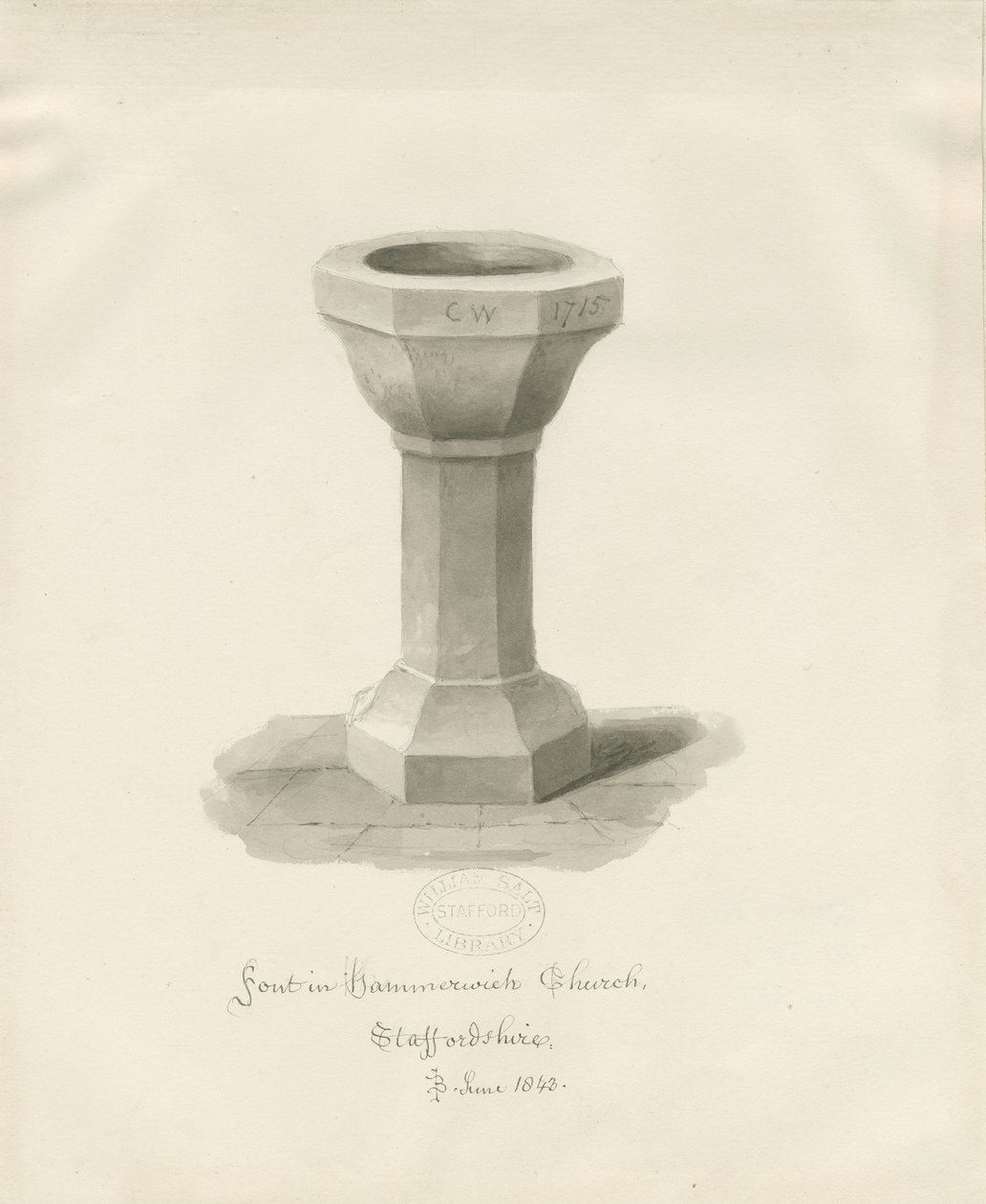 Czcionka w kościele Hammerwich: rysunek w sepii, czerwiec 1843 (rysunek) autorstwa John Buckler