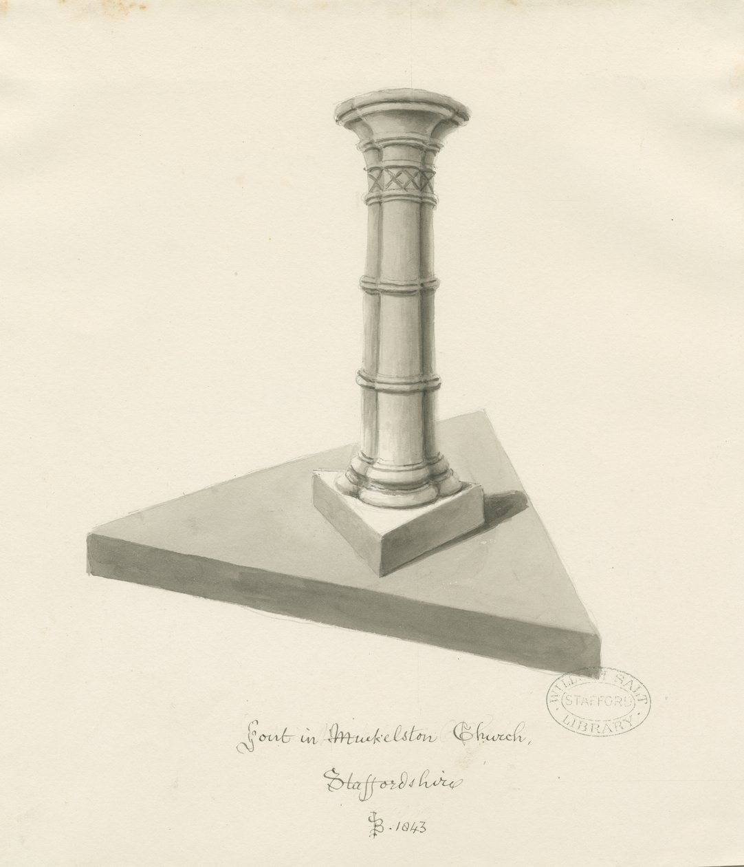 Czcionka w kościele w Mucklestone: rysunek w kolorze sepii, 1843 autorstwa John Buckler