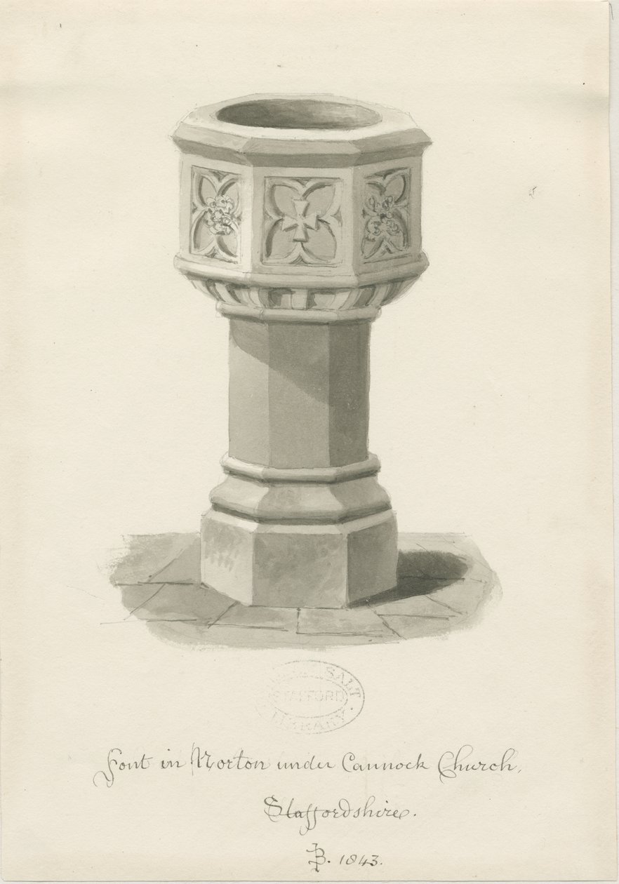 Czcionka w kościele Norton Canes: rysunek w kolorze sepii, 1843 autorstwa John Buckler