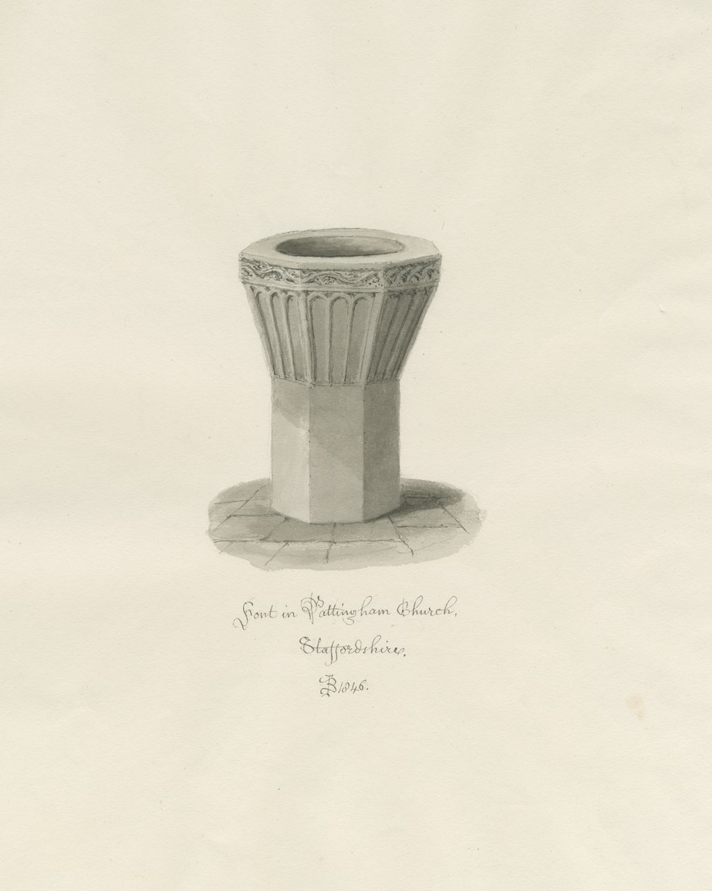Czcionka w Pattingham Church: rysunek w kolorze sepii, 1846 autorstwa John Buckler
