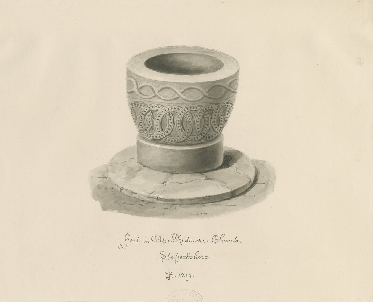 Czcionka w Pipe Ridware Church: rysunek w sepii autorstwa John Buckler