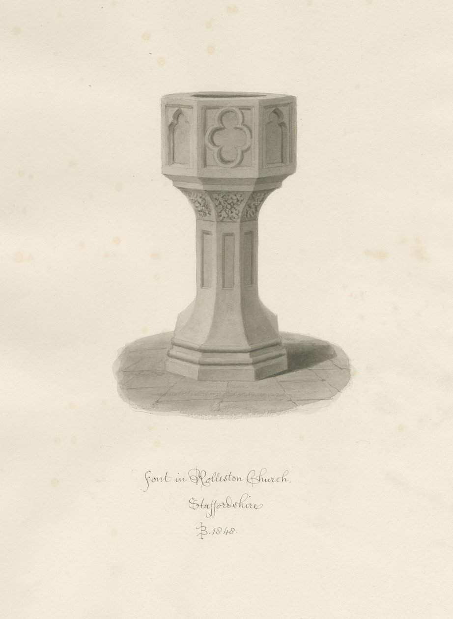 Czcionka w Rolleston Church: rysunek w sepii, 1848 autorstwa John Buckler