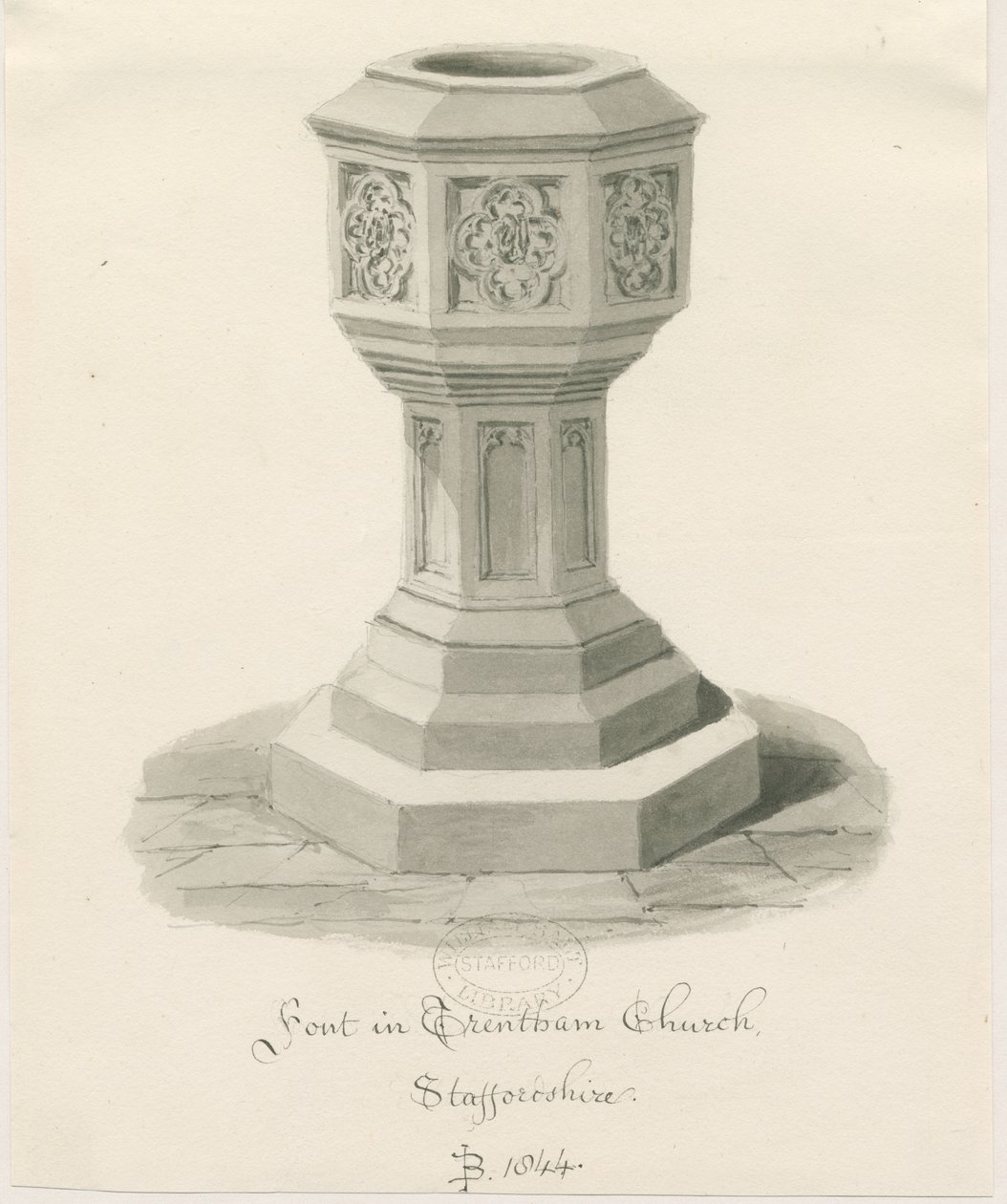 Czcionka w Trentham Church: rysunek w sepii, 1844 autorstwa John Buckler