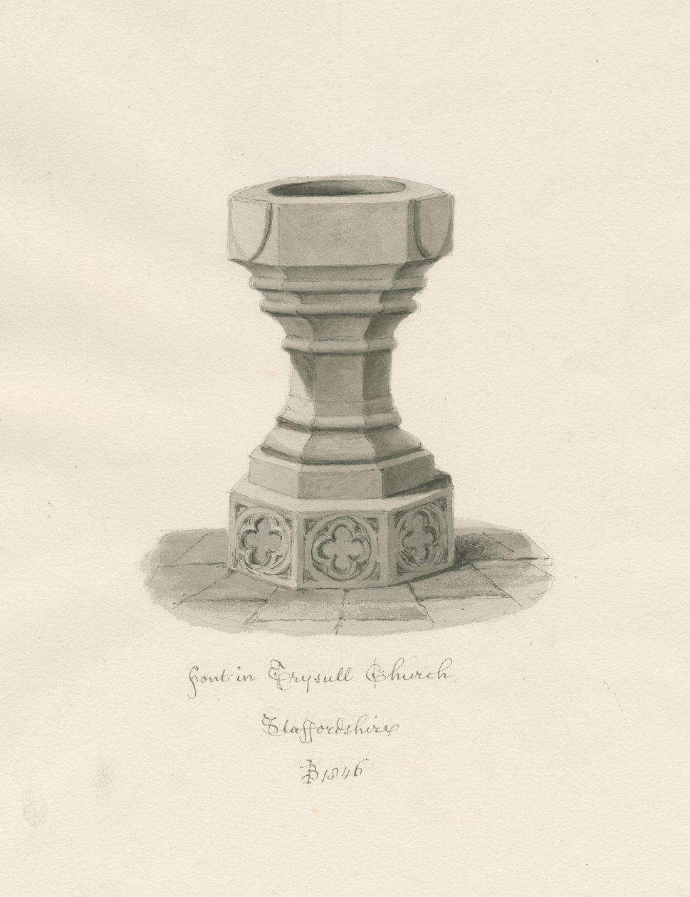Czcionka w Trysull Church: rysunek w sepii autorstwa John Buckler