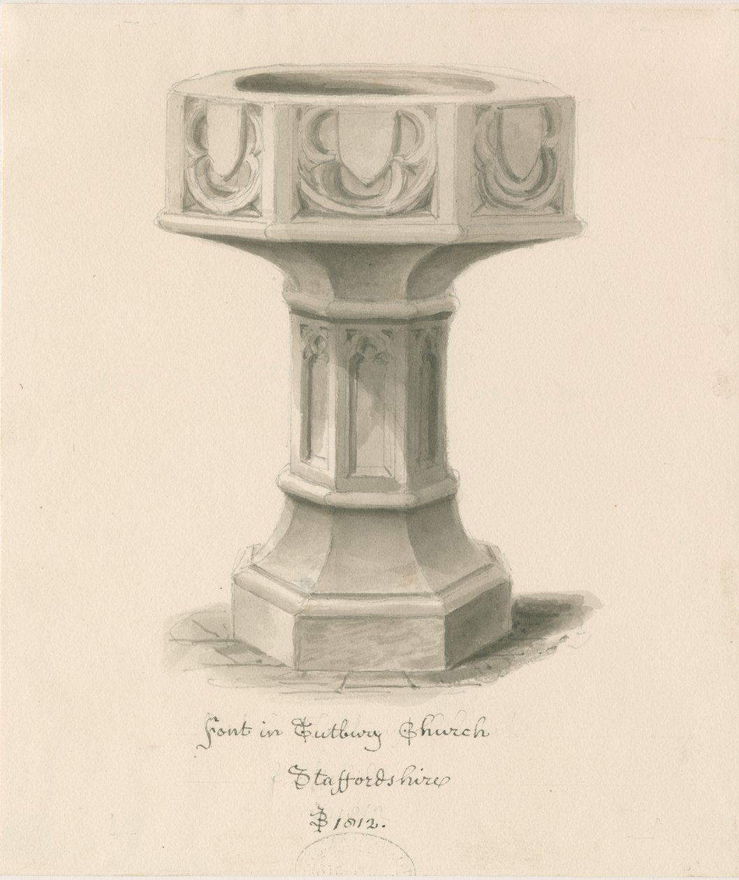 Czcionka w Tutbury Priory Church: rysunek w sepii autorstwa John Buckler