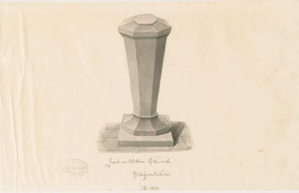 Czcionka w Wetton Church: rysunek w sepii, 1839 autorstwa John Buckler