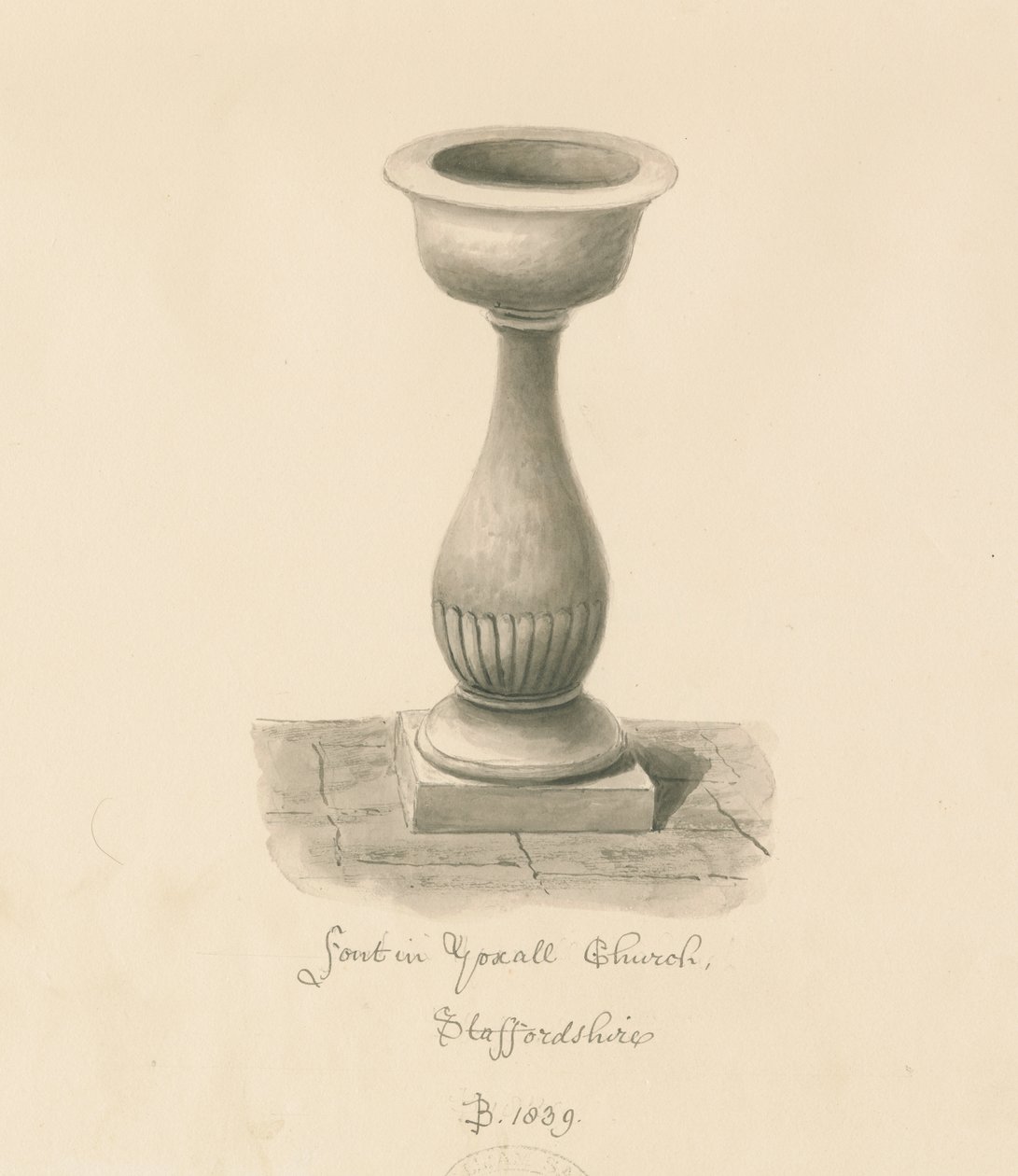 Czcionka w kościele Yoxall: rysunek w sepii, 1839 autorstwa John Buckler