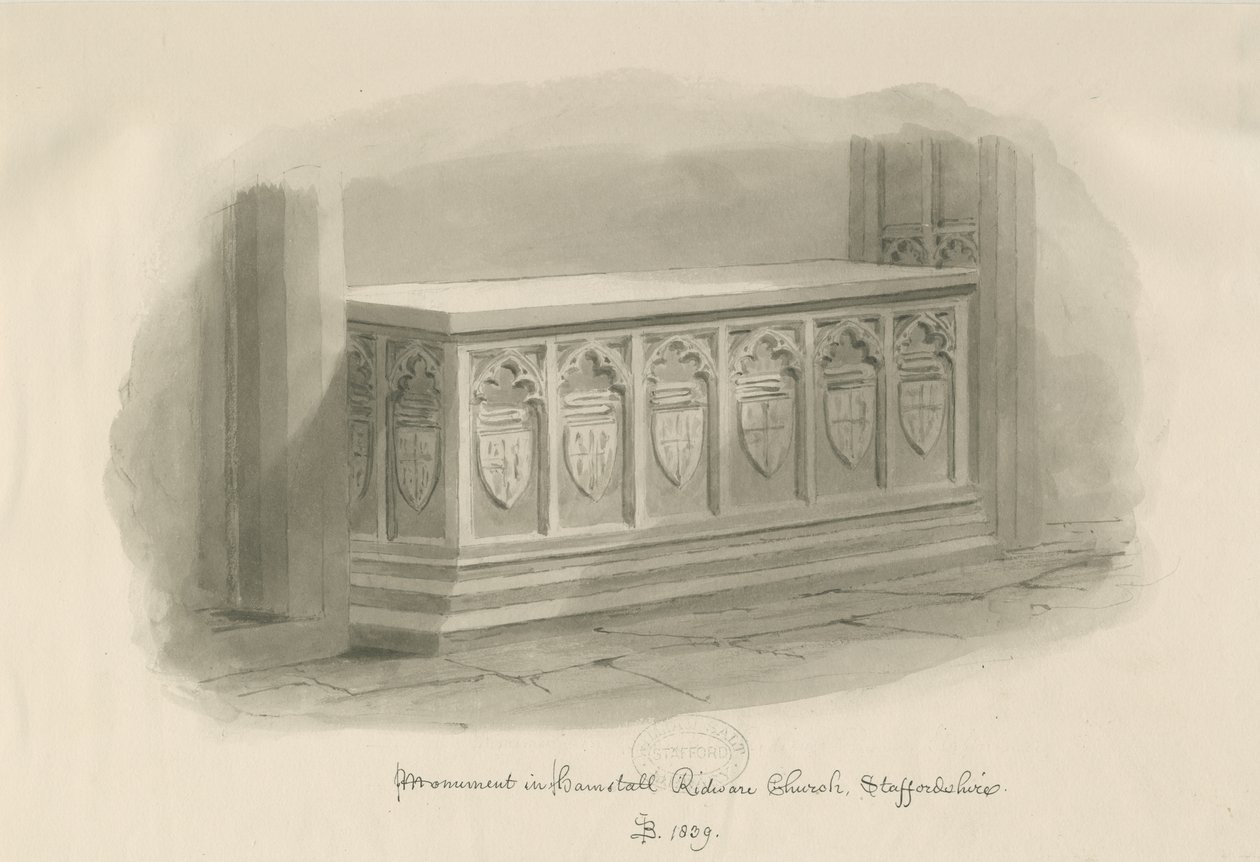 Hamstall Ridware Church - Pomnik: rysunek w kolorze sepii, 1839 autorstwa John Buckler
