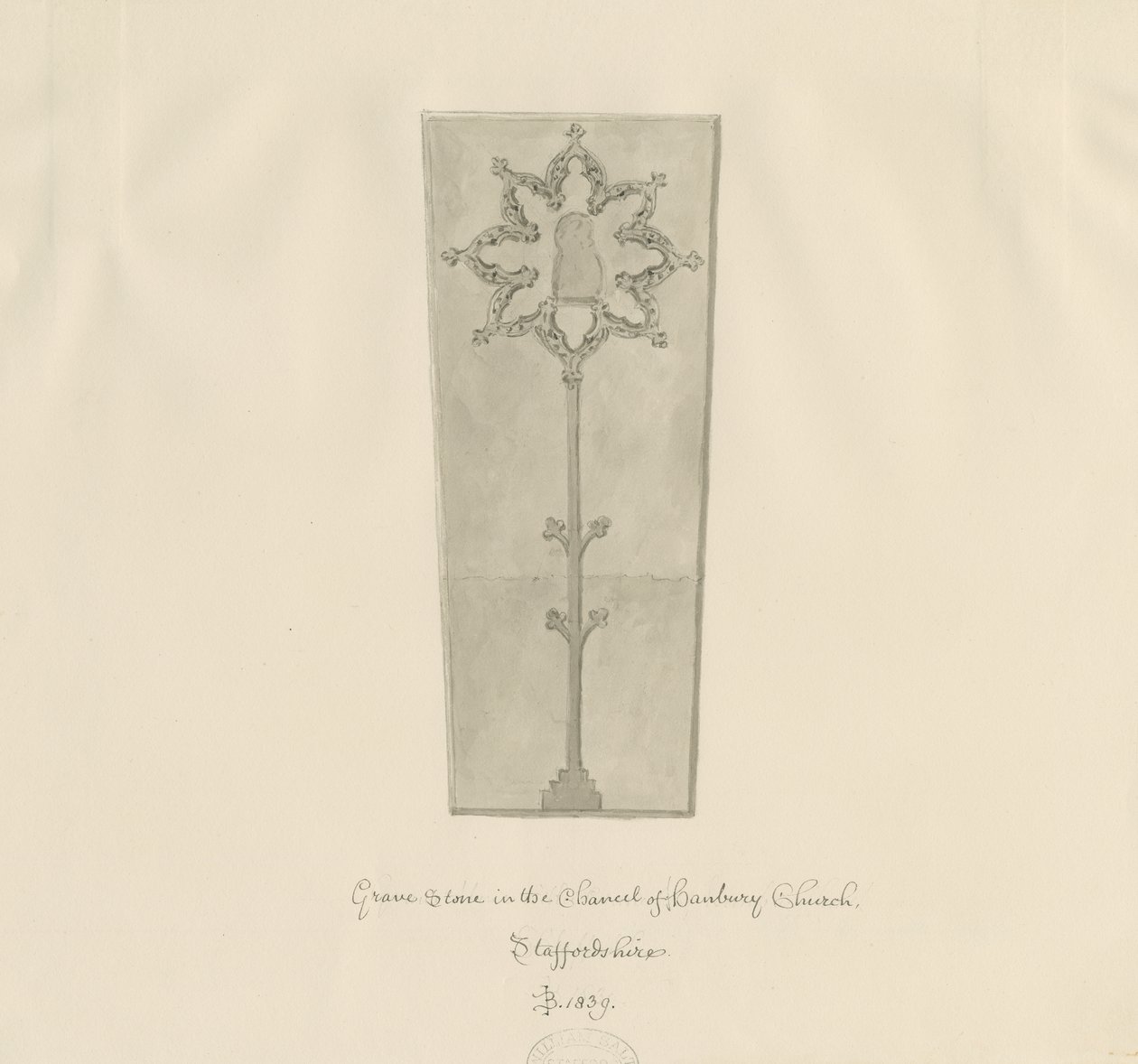 Hanbury Church - nagrobek: rysunek w sepii autorstwa John Buckler