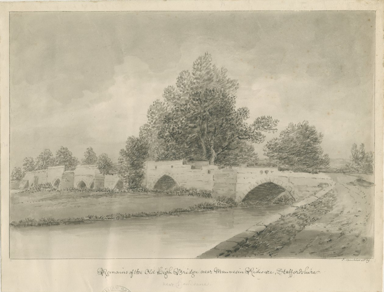 Handsacre - Stary Wysoki Most: rysunek w sepii, 1839 autorstwa John Buckler