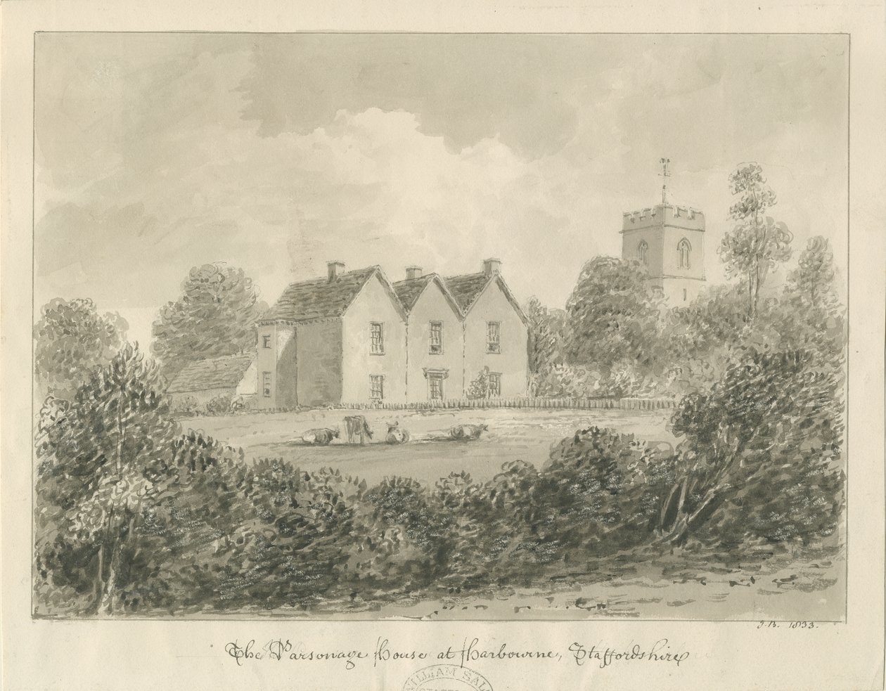 Harborne - Plebania: rysunek w sepii, 1833 autorstwa John Buckler