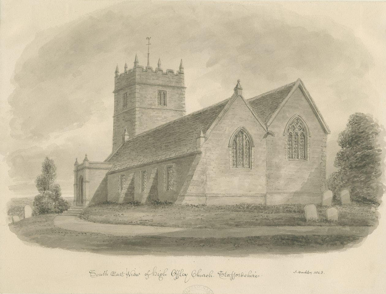 High Offley Church: rysunek w sepii autorstwa John Buckler