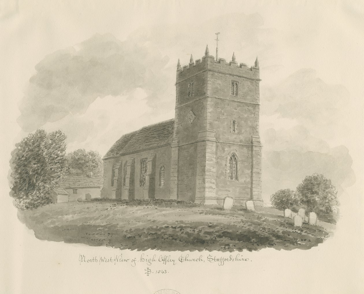 High Offley Church: rysunek w sepii, 1843 autorstwa John Buckler