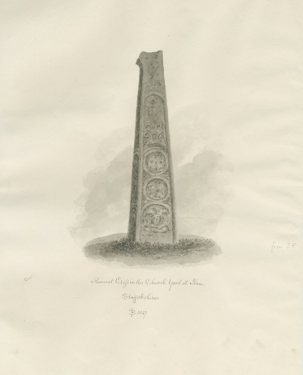 Kościół Ilam - Starożytny Krzyż: rysunek w sepii, 1847 autorstwa John Buckler