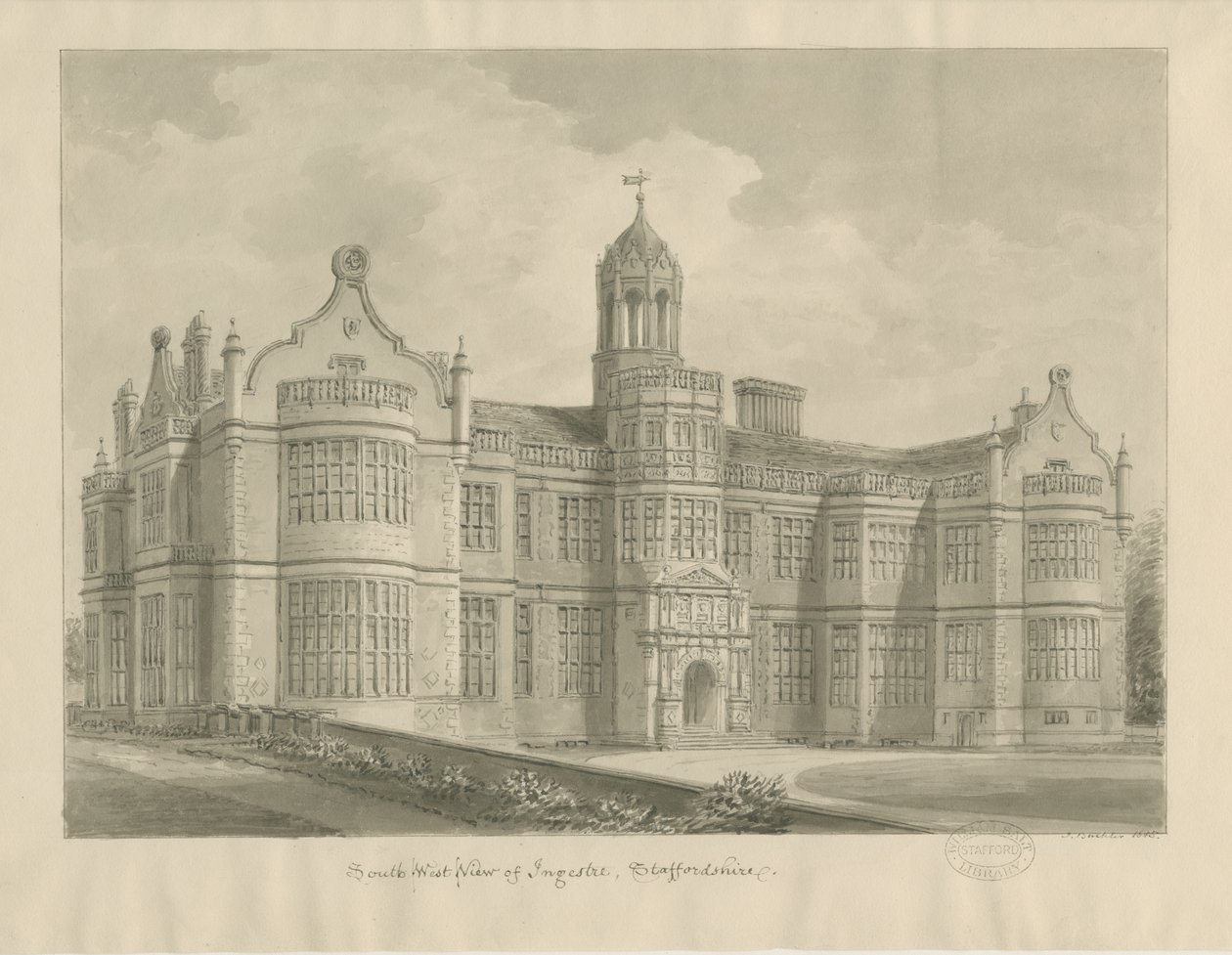 Ingestre Hall: rysunek w sepii autorstwa John Buckler
