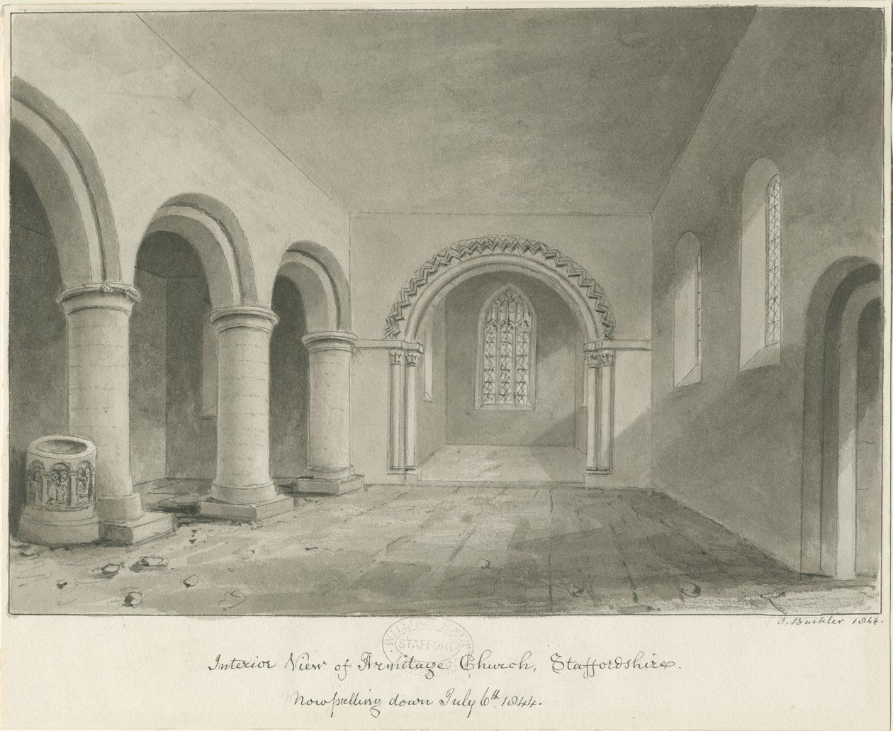 Wnętrze kościoła Armitage: rysunek w sepii, 6 VII 1844 autorstwa John Buckler