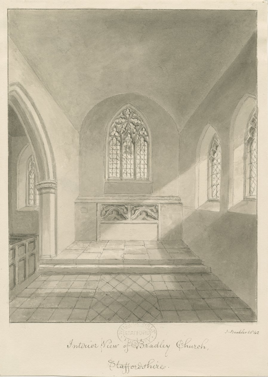 Wnętrze kościoła Bradley: rysunek w sepii, 1842 autorstwa John Buckler