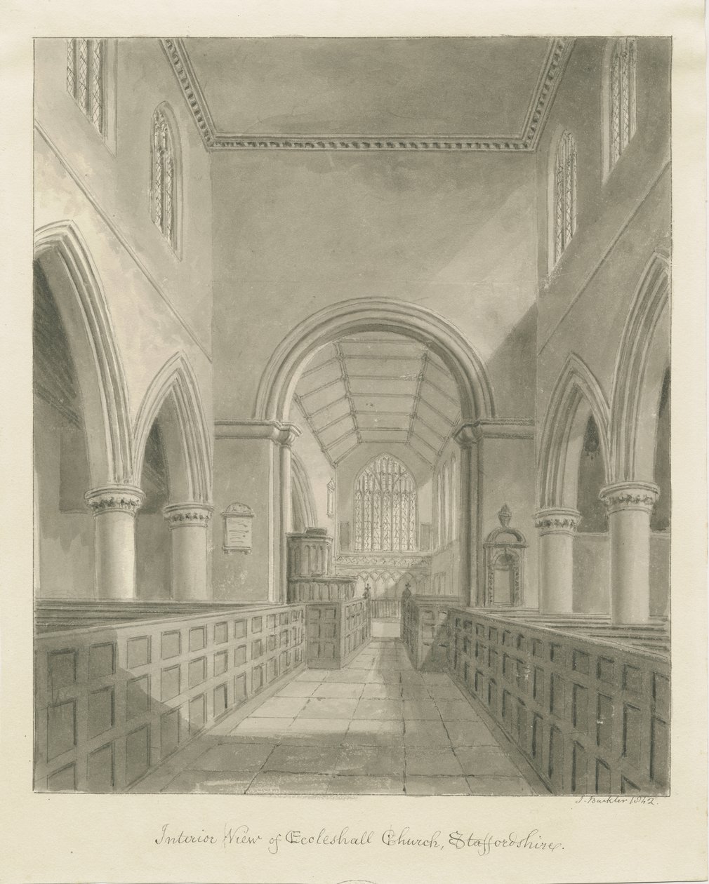 Wnętrze kościoła Eccleshall: rysunek w sepii, 1842 autorstwa John Buckler