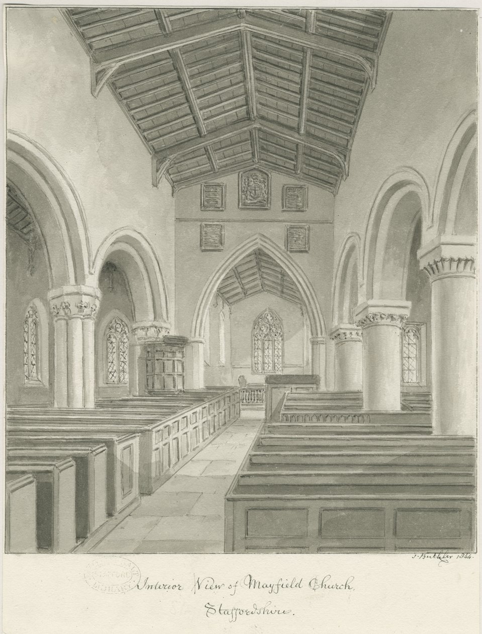 Wnętrze kościoła Mayfield: rysunek w odcieniu sepii, 1844 autorstwa John Buckler