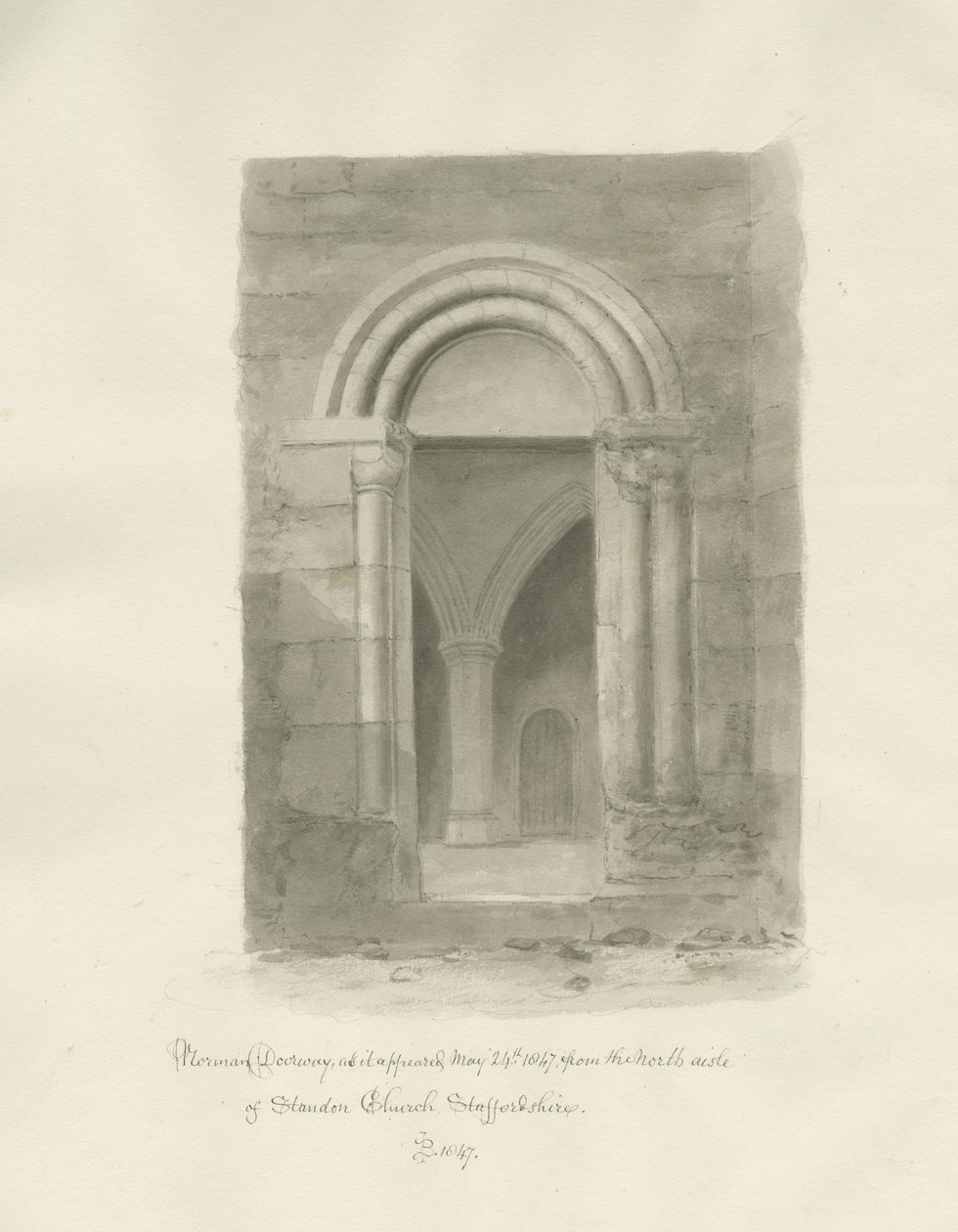 Wnętrze kościoła Standon: rysunek w sepii, 24 maja 1847 (rysunek) autorstwa John Buckler
