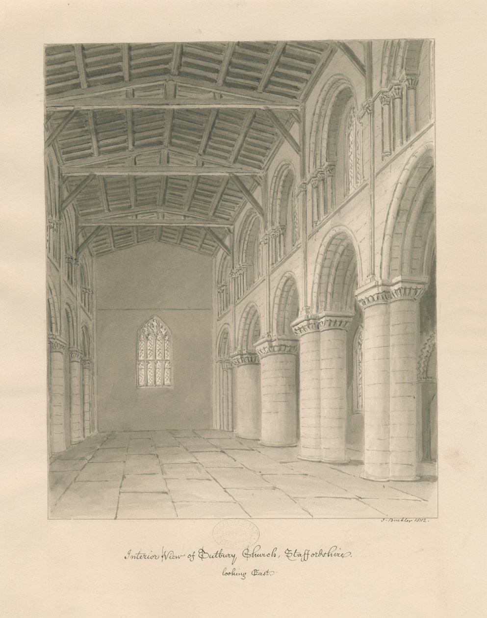 Wnętrze kościoła Tutbury Priory Church: rysunek w sepii autorstwa John Buckler