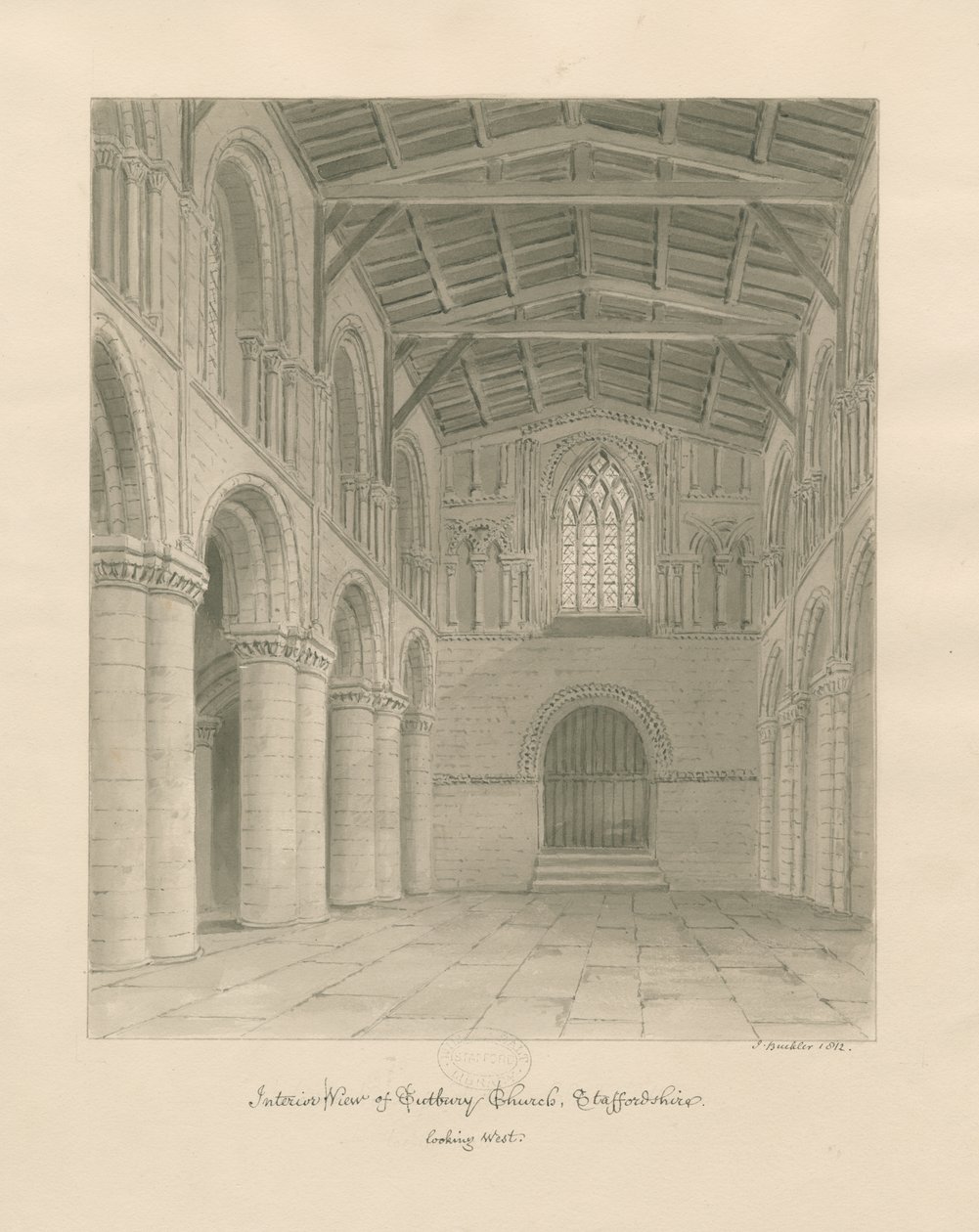 Wnętrze kościoła Tutbury Priory Church: rysunek w kolorze sepii autorstwa John Buckler