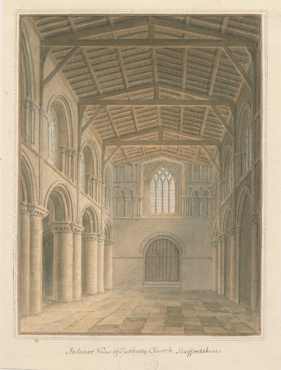 Wnętrze kościoła Tutbury Priory Church: malarstwo akwarela autorstwa John Buckler