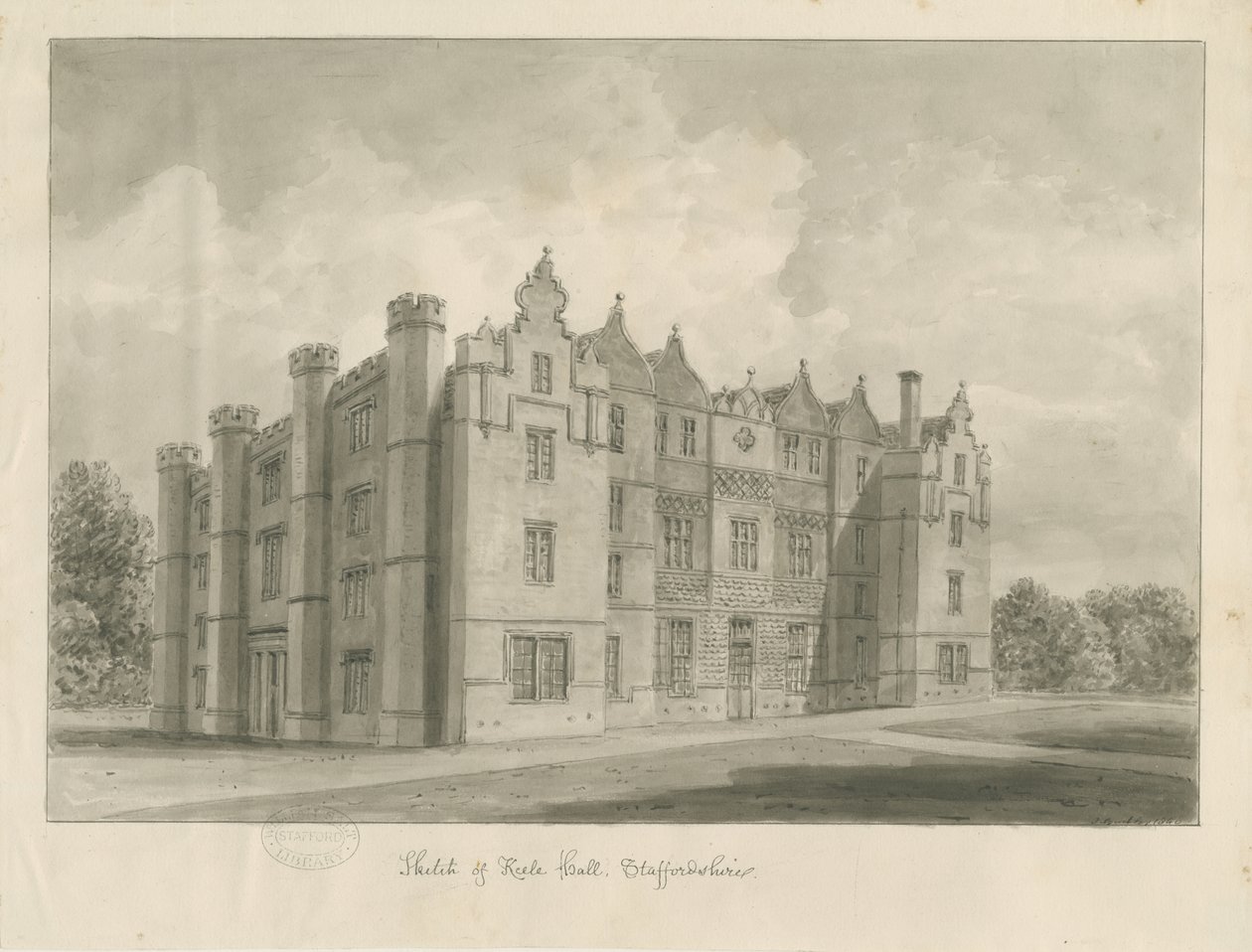 Keele Hall: rysunek w sepii autorstwa John Buckler