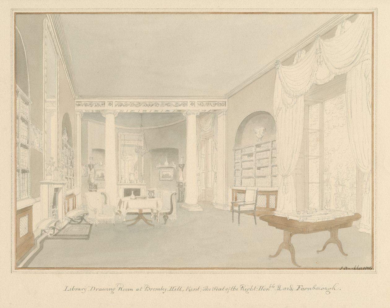 Kent - Bromley Hill - Wnętrze salonu biblioteki, 1816 autorstwa John Buckler