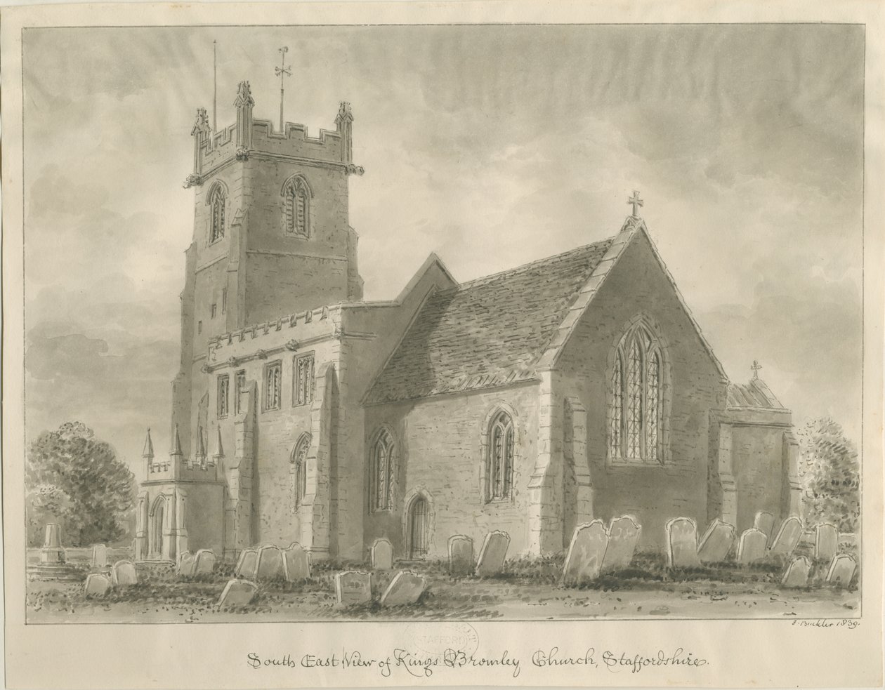 Kings Bromley Church: rysunek w sepii, 1839 autorstwa John Buckler