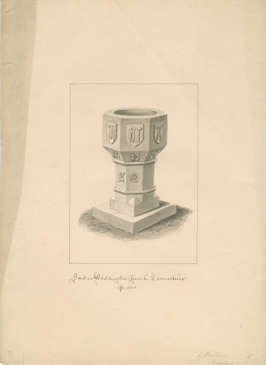 Lancashire - Waddington Church - Czcionka: rysunek w sepii, 1808 autorstwa John Buckler