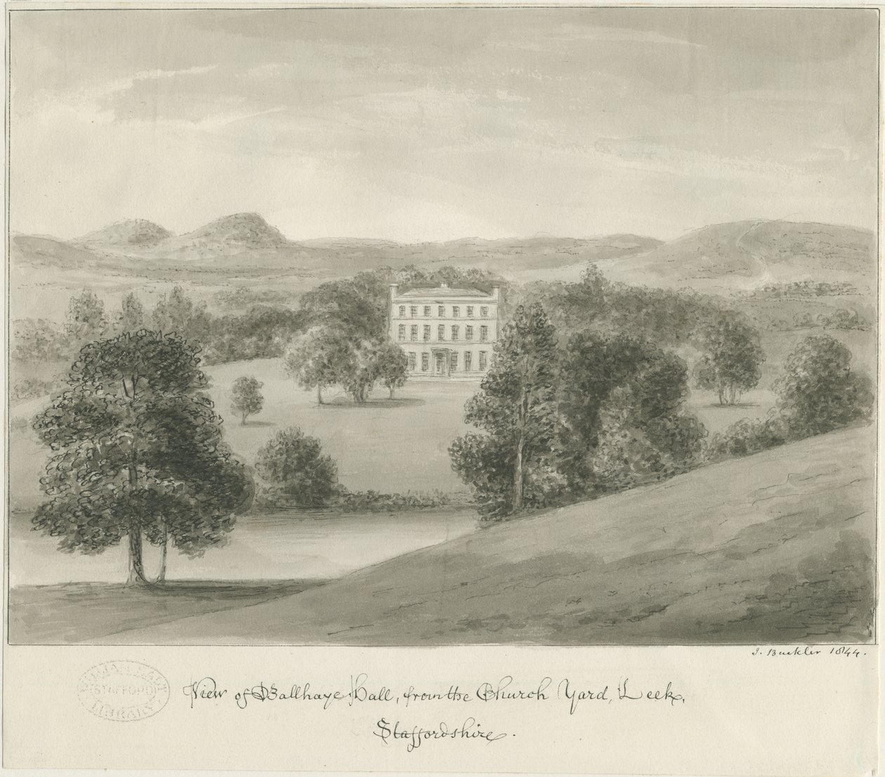 Por - Ball Haye Hall: rysunek w sepii, 1844 autorstwa John Buckler
