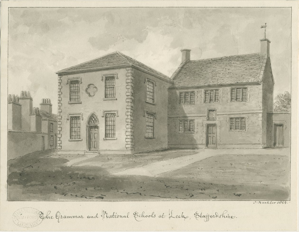 Leek Town - Gimnazjum: rysunek w sepii, 1844 autorstwa John Buckler